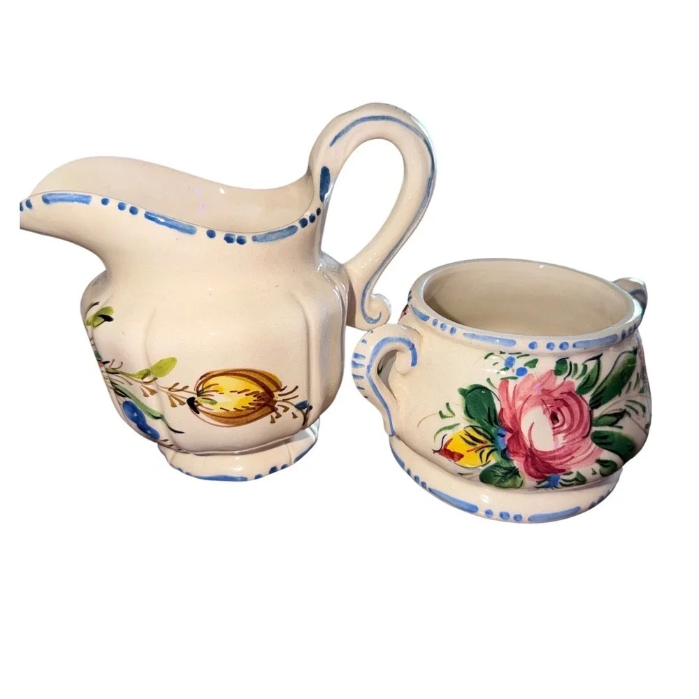 Italy Hand Painted Ceramic Creamer and Sugar Bowl Set‎ Cream Floral Set